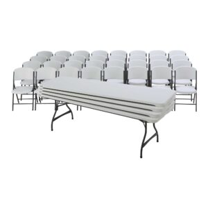 Lifetime (4) 8-Foot Rectangle Stacking Tables and (32) Chairs Combo Indoor/Outdoor Commercial Grade, White Granite (80410)