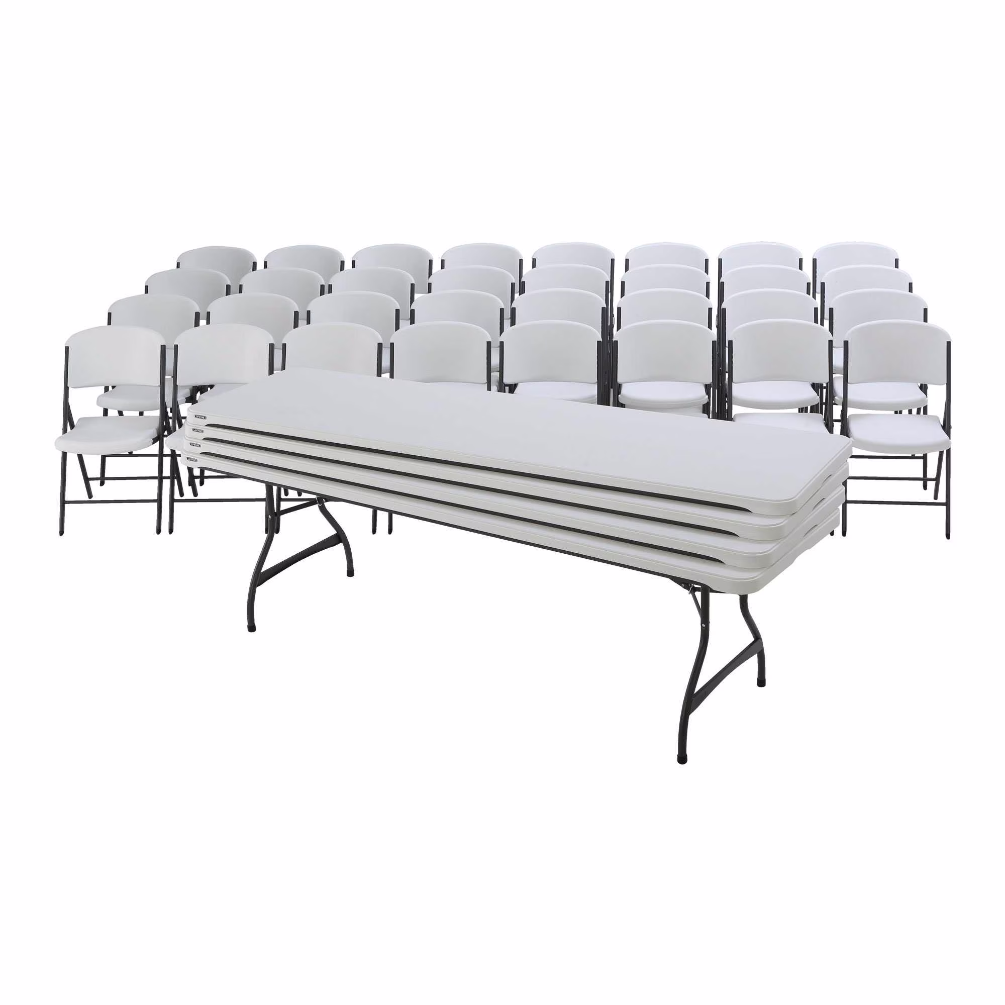 Lifetime (4) 8-Foot Rectangle Stacking Tables and (32) Chairs Combo Indoor/Outdoor Commercial Grade, White Granite (80410)