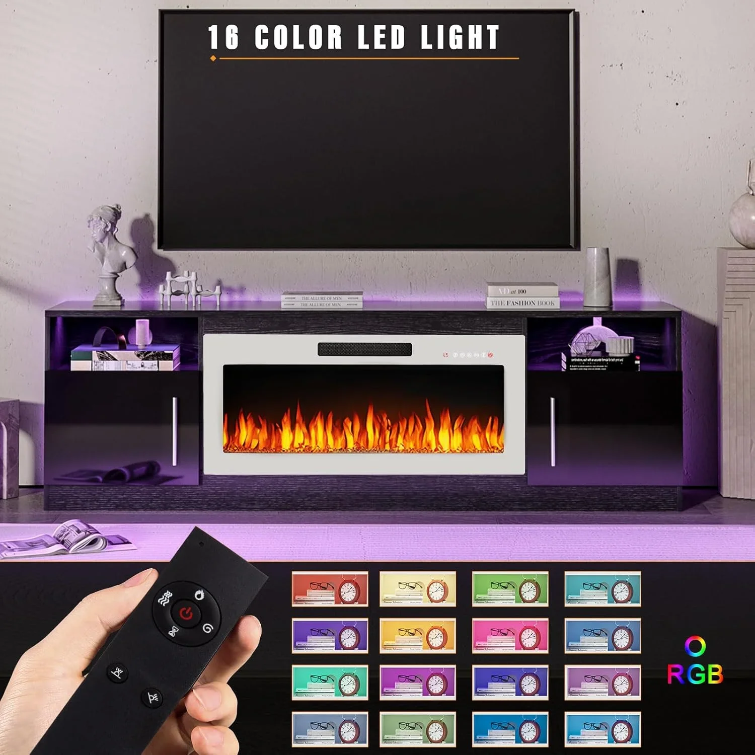 Waleaf Fireplace TV Stand with 18'' Fireplace for TVs up to 65 inch, Two Adjustable Glass Shelves