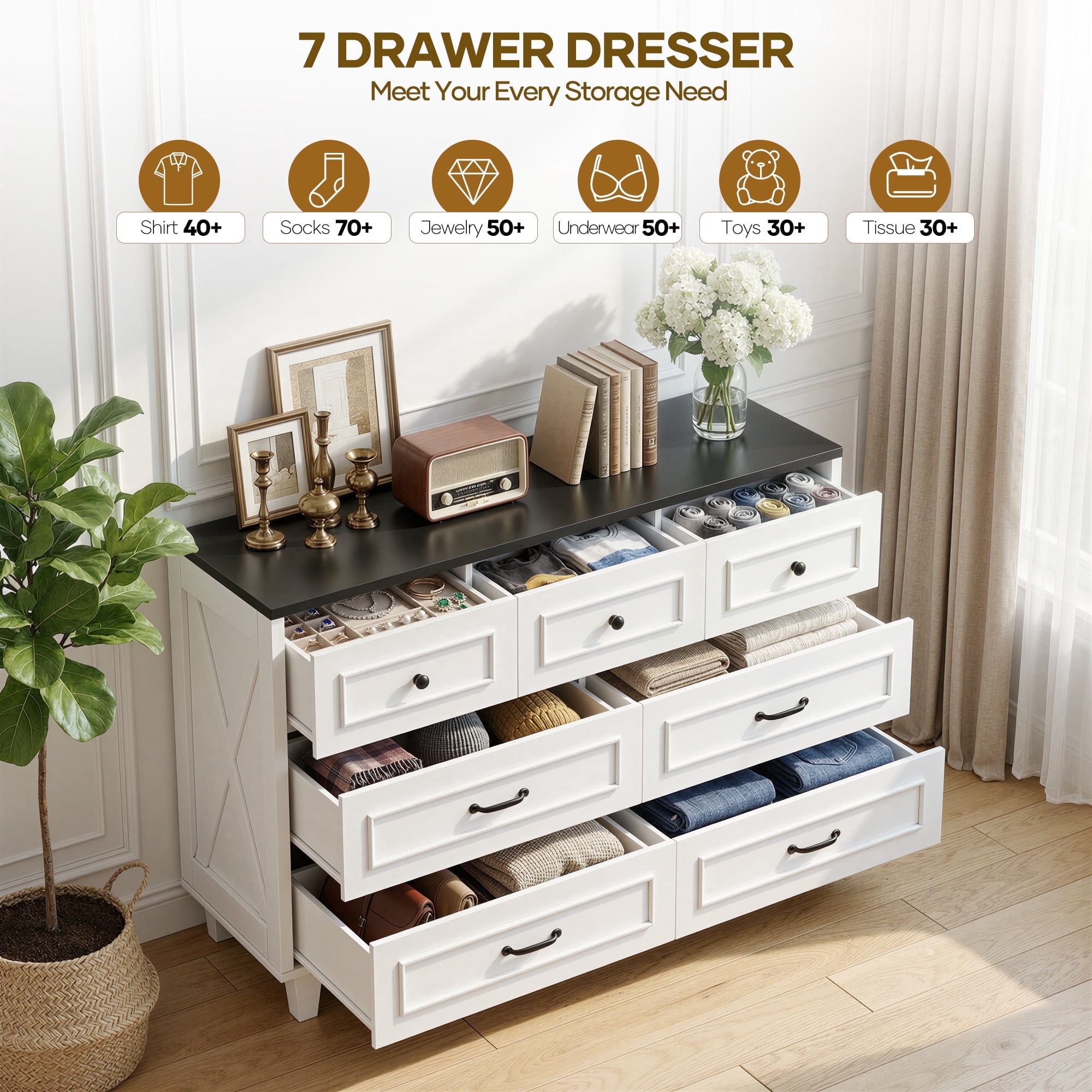MARNUR Farmhouse 52" 7-Drawer Dresser for Bedroom, Anti-Tip Kit, Smooth Quiet Slides, Heavy-Duty for Living Room, White & Black