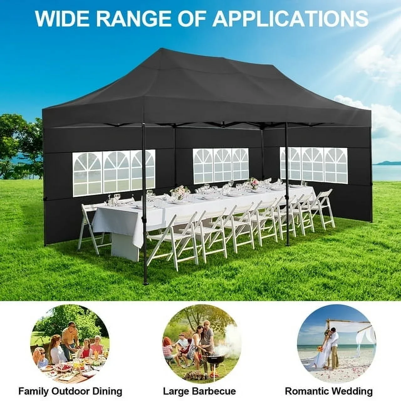 SANOPY 10'x20' Pop Up Canopy Waterproof Folding Tent Outdoor Easy Set-up Instant Tent Heavy Duty Commercial Wedding Party Shelter with 6 Removable Sidewalls, 4 Sandbags, Roller Bag, Black