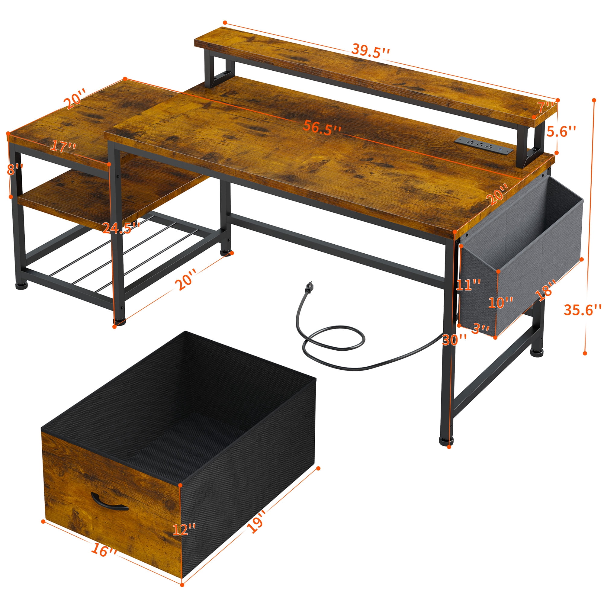 Exenoray 56.5" Computer Desk with Fabric File Drawers Cabinet, Reversible Home Office Desks with Power Outlets for Home Office, Rustic