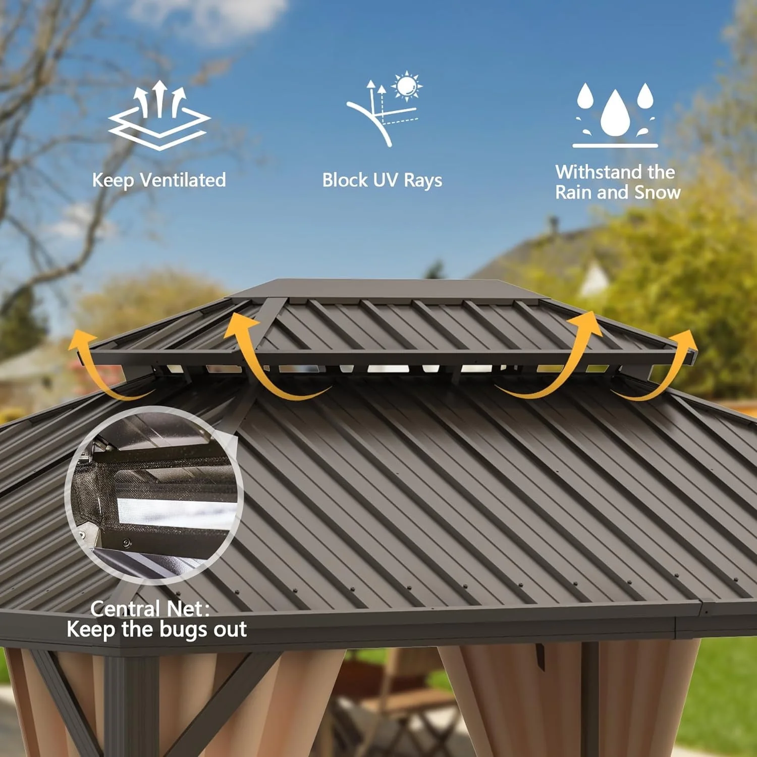 Domi Outdoor 12x16 ft Hardtop Gazebo Canopy Metal with Galvanized Steel Double Roof,Curtain & Netting for Patio Deck Backyard, Brown