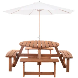 Outsunny Wooden Patio Dining Set, Outdoor Table and Benches Set, Brown