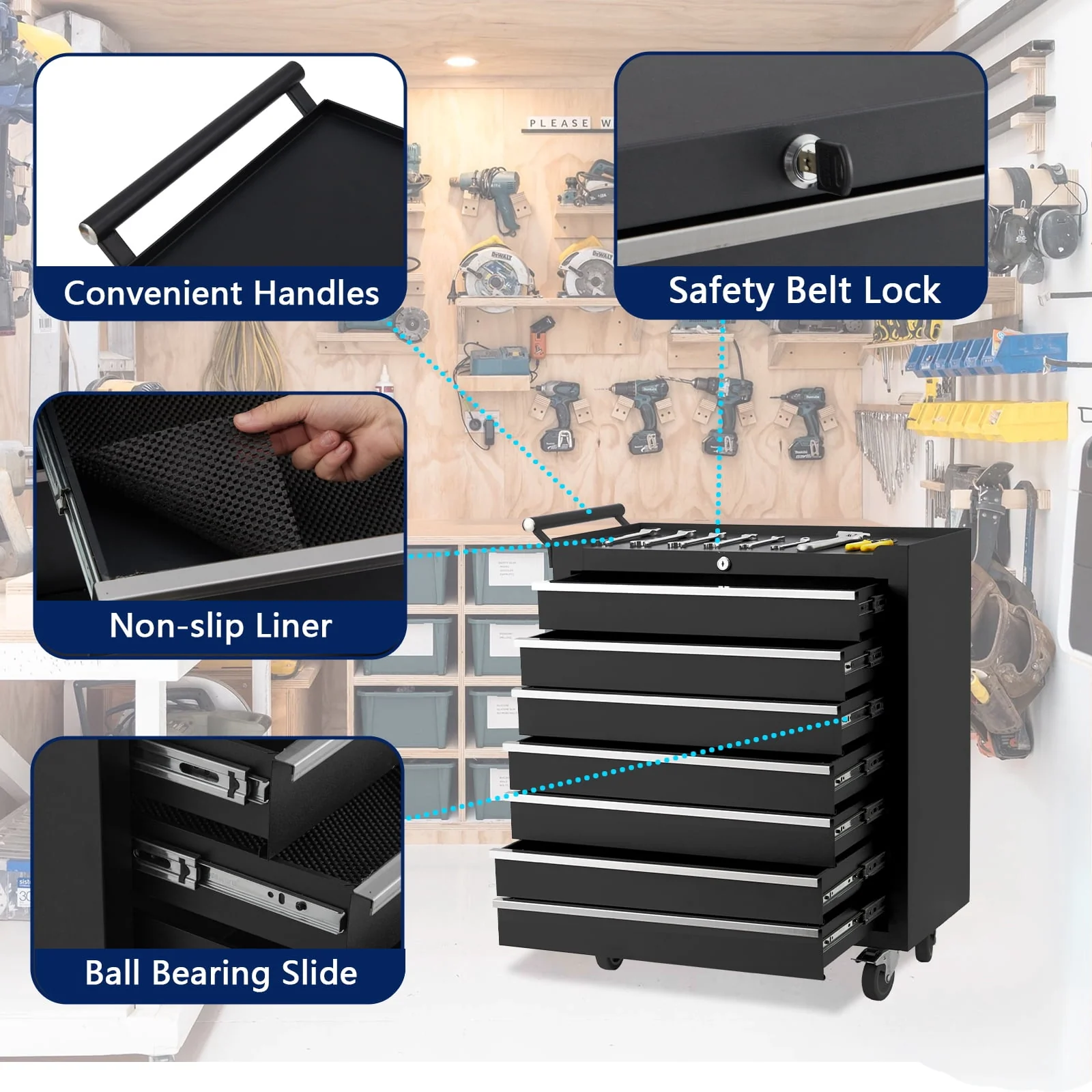Rolling Tool Chest, 5-Drawers Metal Tool Box Organizer w/Auto Locking System & Lockable Wheels, Sliding Drawers