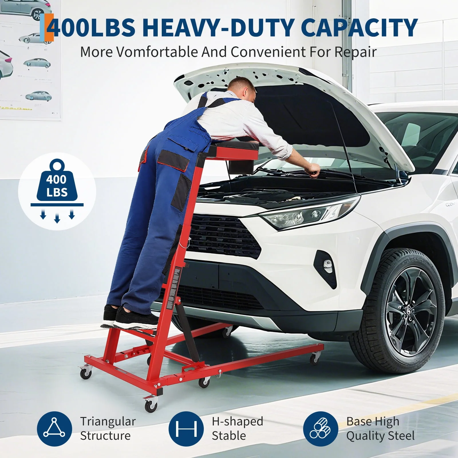 Heavy Duty Topside Automotive Engine Creeper – 400 lbs, Adjustable Height 48"-66", 6 Swivel Casters, 2" Thick Padded Deck, Collapsible Mechanic Over-Engine Creeper, Red Shelf + Black Mat