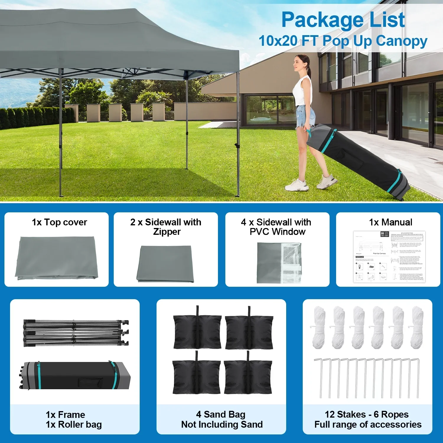 SANOPY 10'x20' Pop Up Canopy Waterproof Folding Tent Outdoor Easy Set-up Instant Tent Heavy Duty Commercial Wedding Party Shelter with 6 Removable Sidewalls, 4 Sandbags, Roller Bag, Black