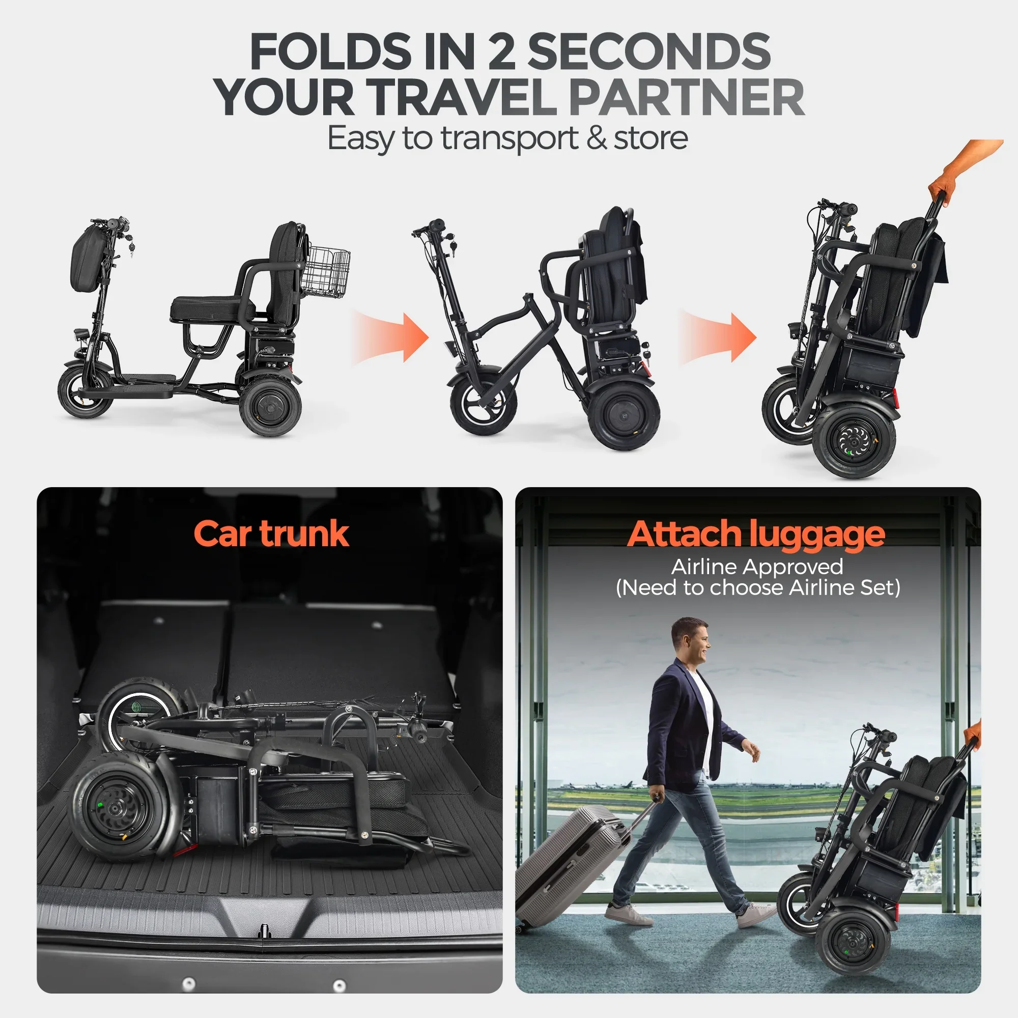 BAMACAR 3-Wheel Folding Mobility Scooter Lightweight for Seniors & Adults 300 lbs, Portable Powered Handicap All Terrain Travel Scooter, Mobility Scooters Foldable Collapsible Electric Scooters Black
