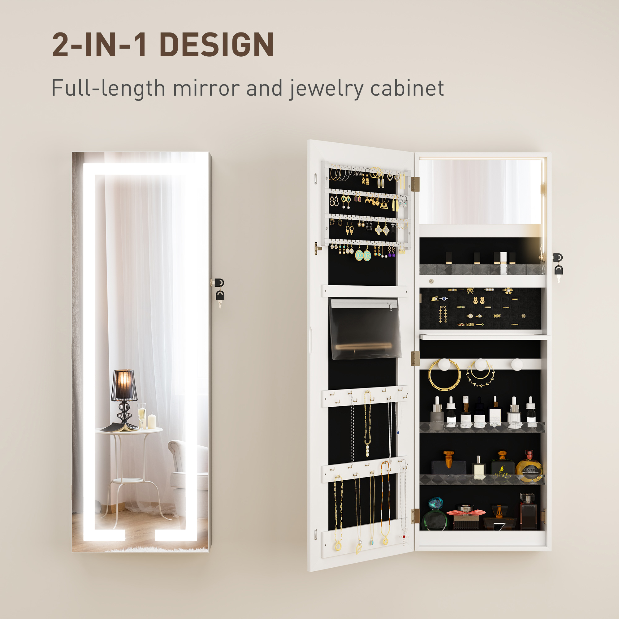 LED Jewelry Cabinet w/ Full Length Mirror Jewelry Storage Organizer, White