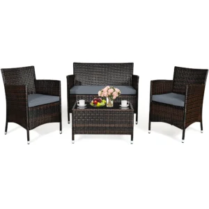 Costway 4PCS Rattan Patio Furniture Set Cushioned Sofa Chair Coffee Table Garden Grey