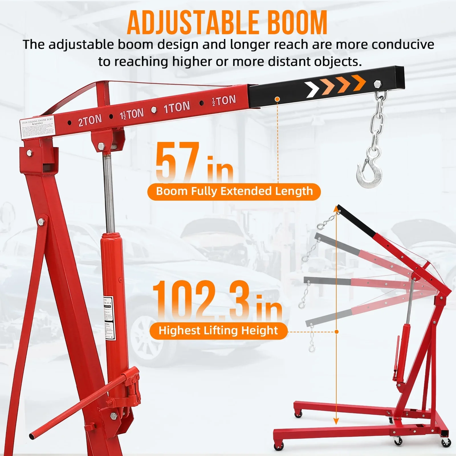 GARVEE 2 Ton Folding Hydraulic Engine Hoist with Lever,Folding Engine Shop Crane Hoist Lift,Heavy Cherry Picker with 6 Wheels for Garage,Workshop,Yellow