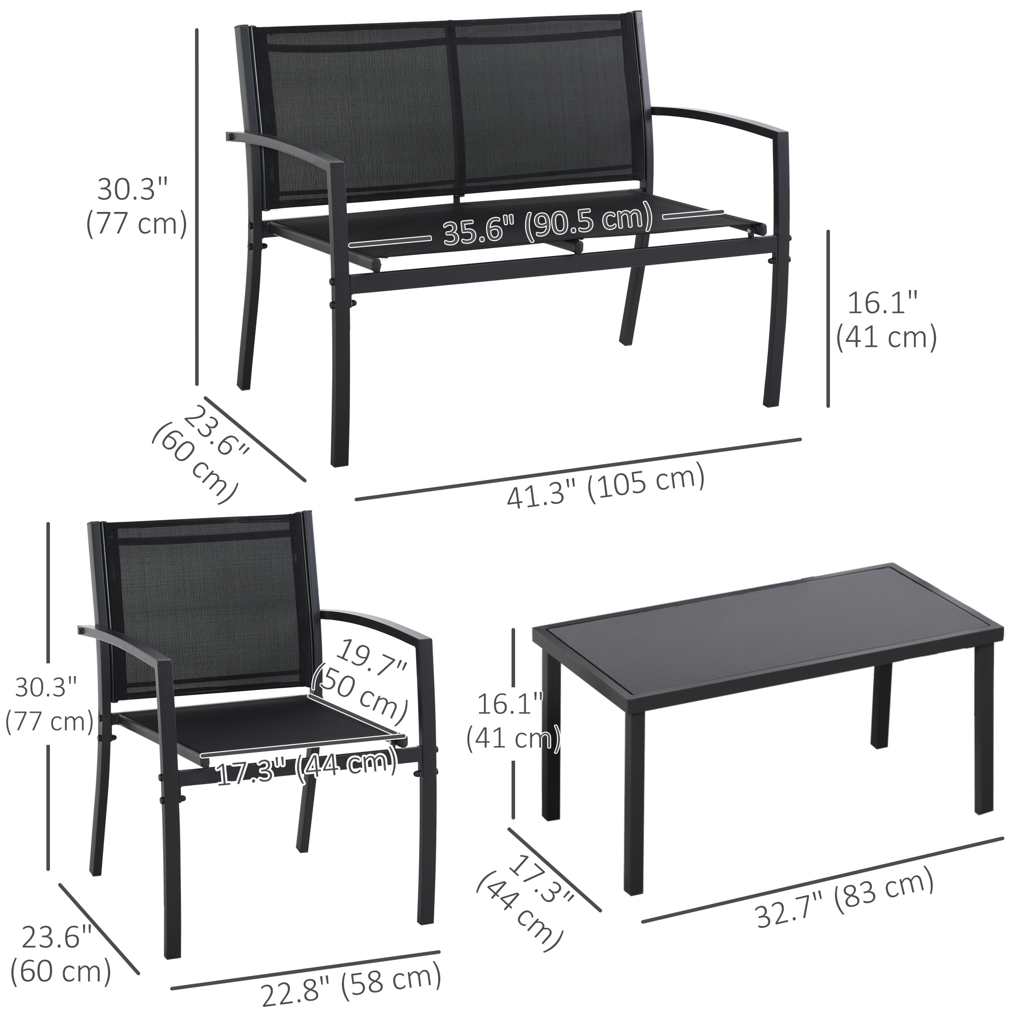 Outsunny 4 Piece Patio Furniture Set, Metal Outdoor Furniture Set, Black