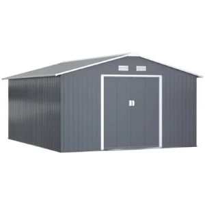 Outsunny 11' x 13' Garden Storage Shed with Foundation Kit, Metal Tool Storage House with Double Doors for Outdoor Patio Yard, Grey