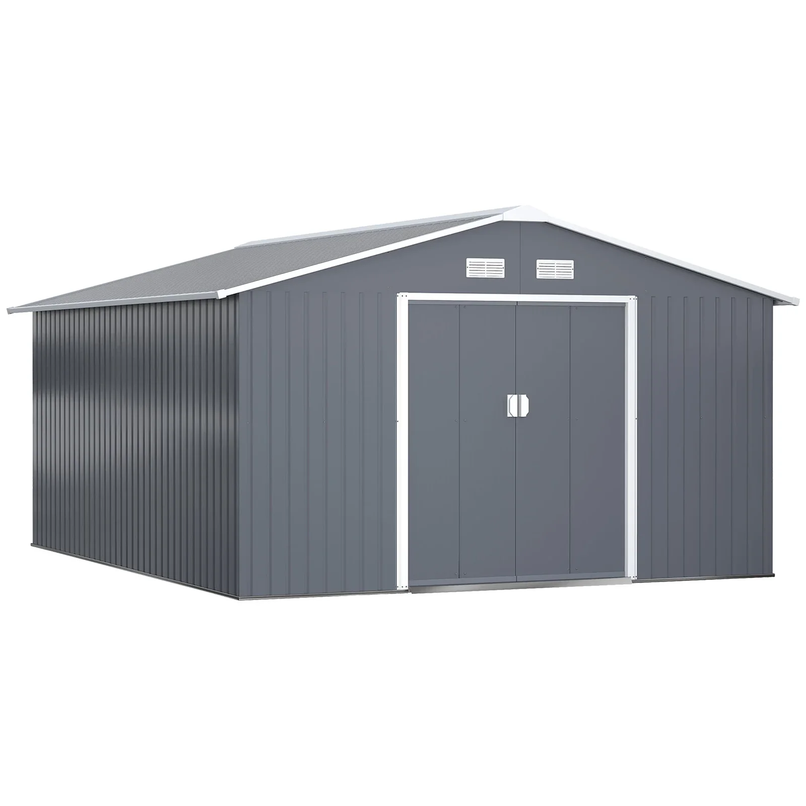 Outsunny 11' x 13' Garden Storage Shed with Foundation Kit, Metal Tool Storage House with Double Doors for Outdoor Patio Yard, Grey