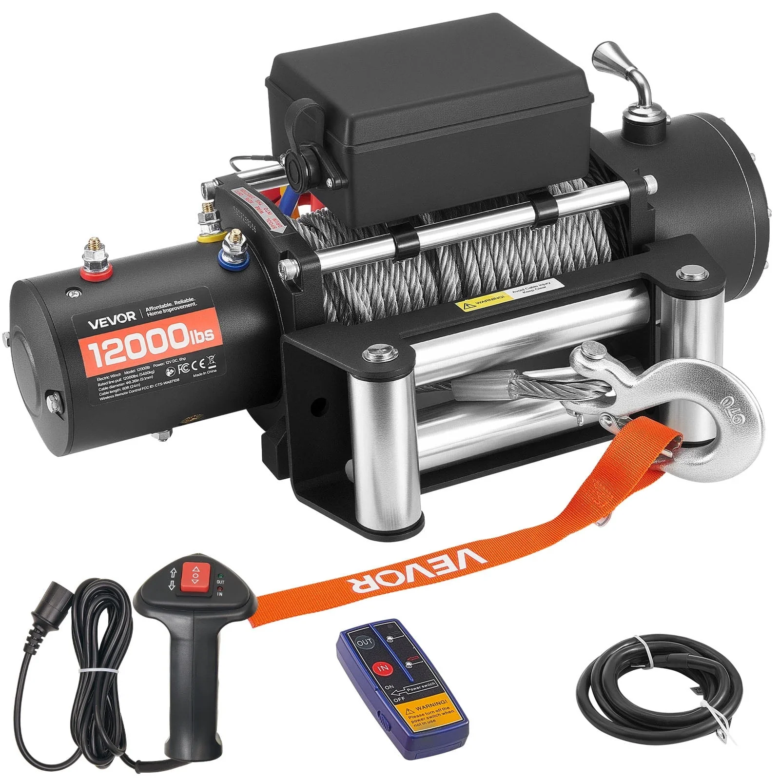 VEVOR Electric Winch, 12000 lbs Load Capacity, 12V DC Truck Winch with Φ0.36 in x 80 ft Steel Rope, Wireless & Wired Remote Control, IP55 Waterproof for Towing SUV Jeep Trailer Boat Off-Road Vehicle
