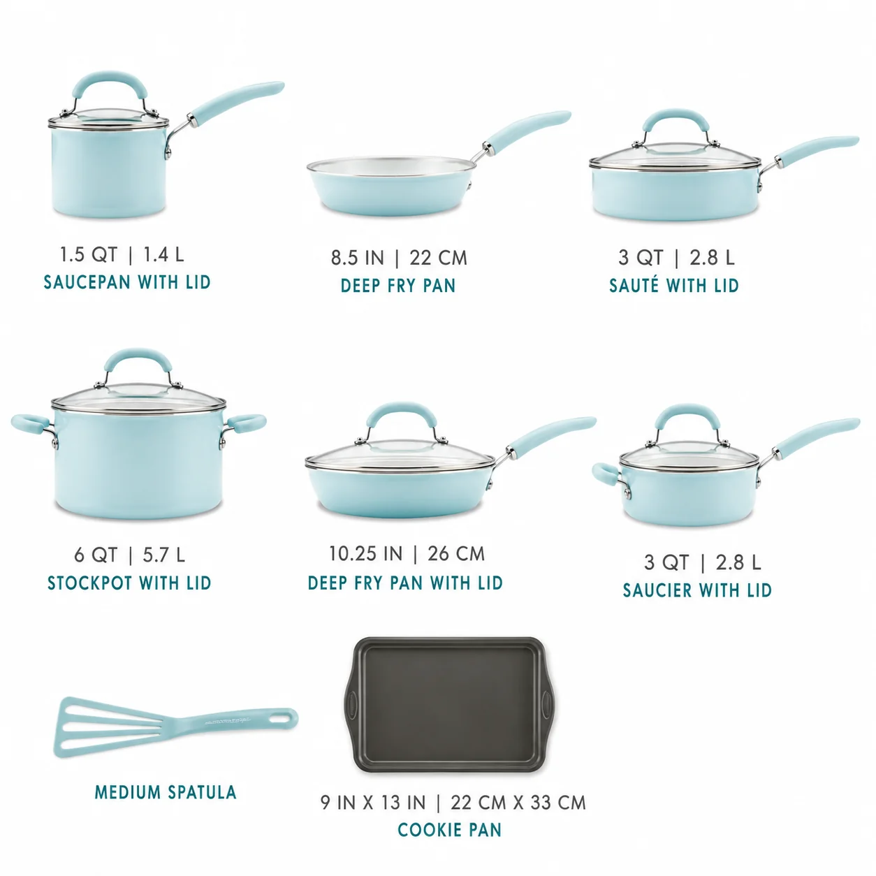 13 Pc Nonstick Aluminum Pots and Pans Set Light Blue Shimmer Cookware Set with Lids for Kitchen Cooking