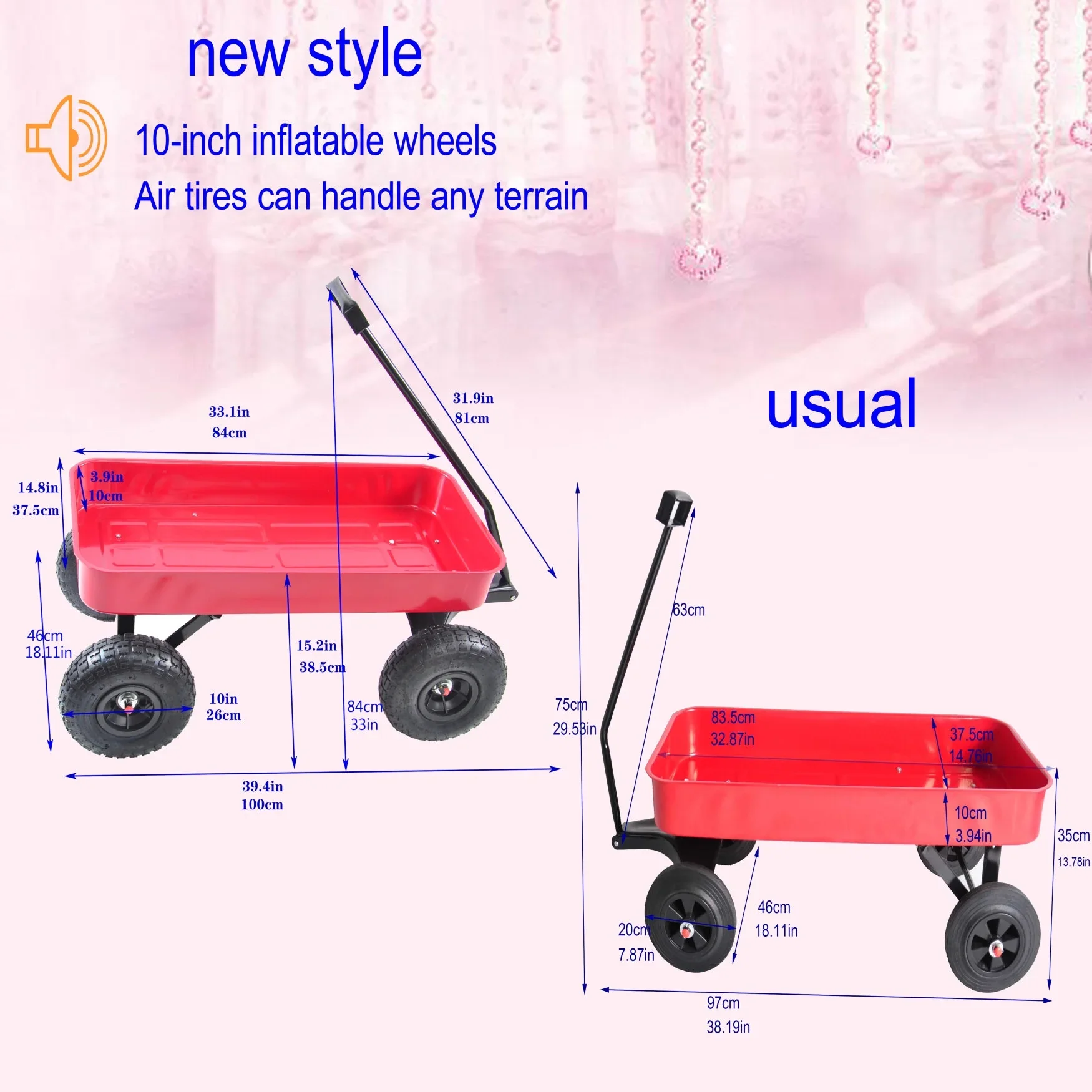 Collapsible Folding Wagon, Push Pull Foldable Beach Wagon Cart with All-Terrain Wheels, Heavy Duty Utility Grocery Wagon for Outdoor Camping Garden Sport Shopping,Pink