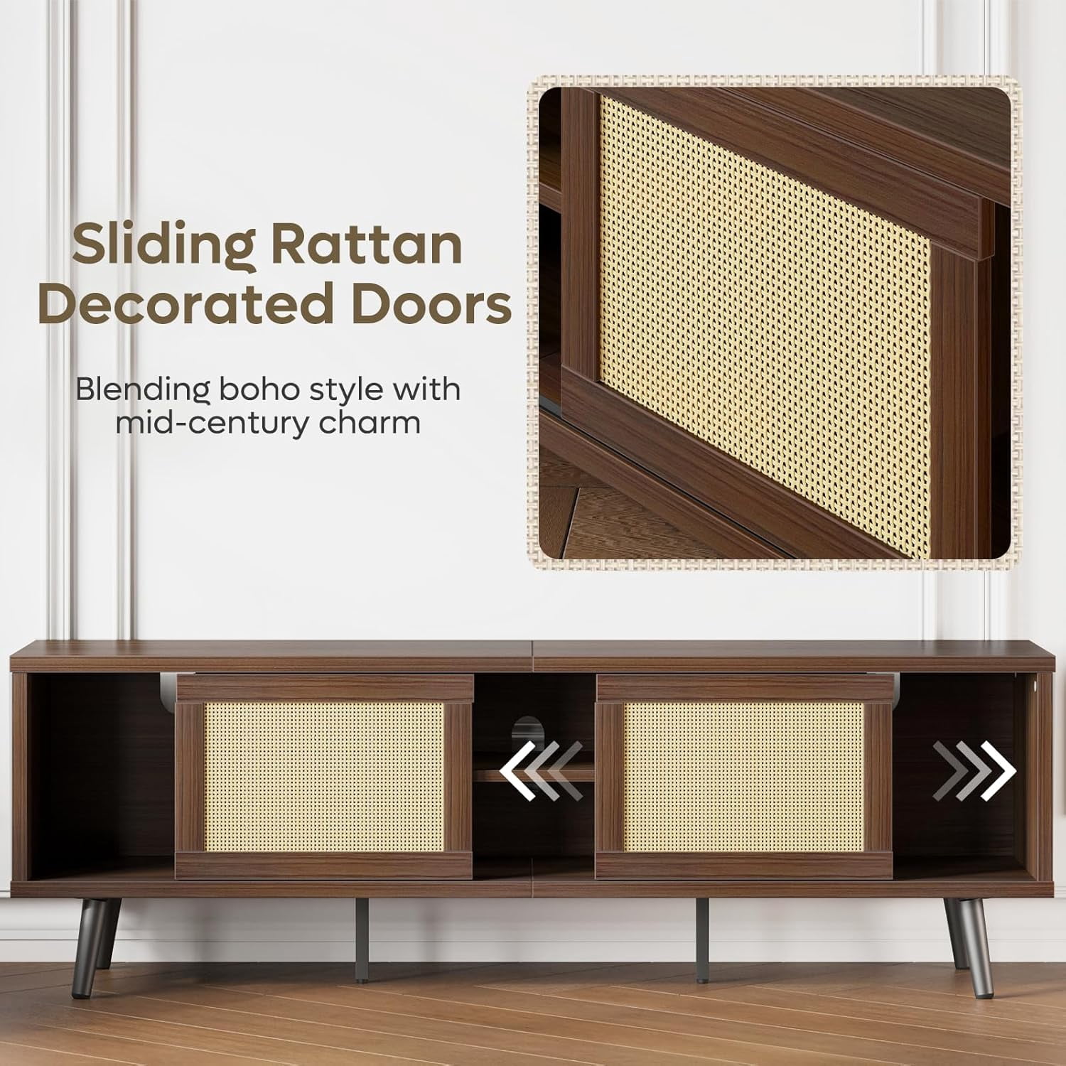 Bestier Rattan TV Stand for 75" TV, Boho Style, Sliding Doors&2 Tier Storage Shelves