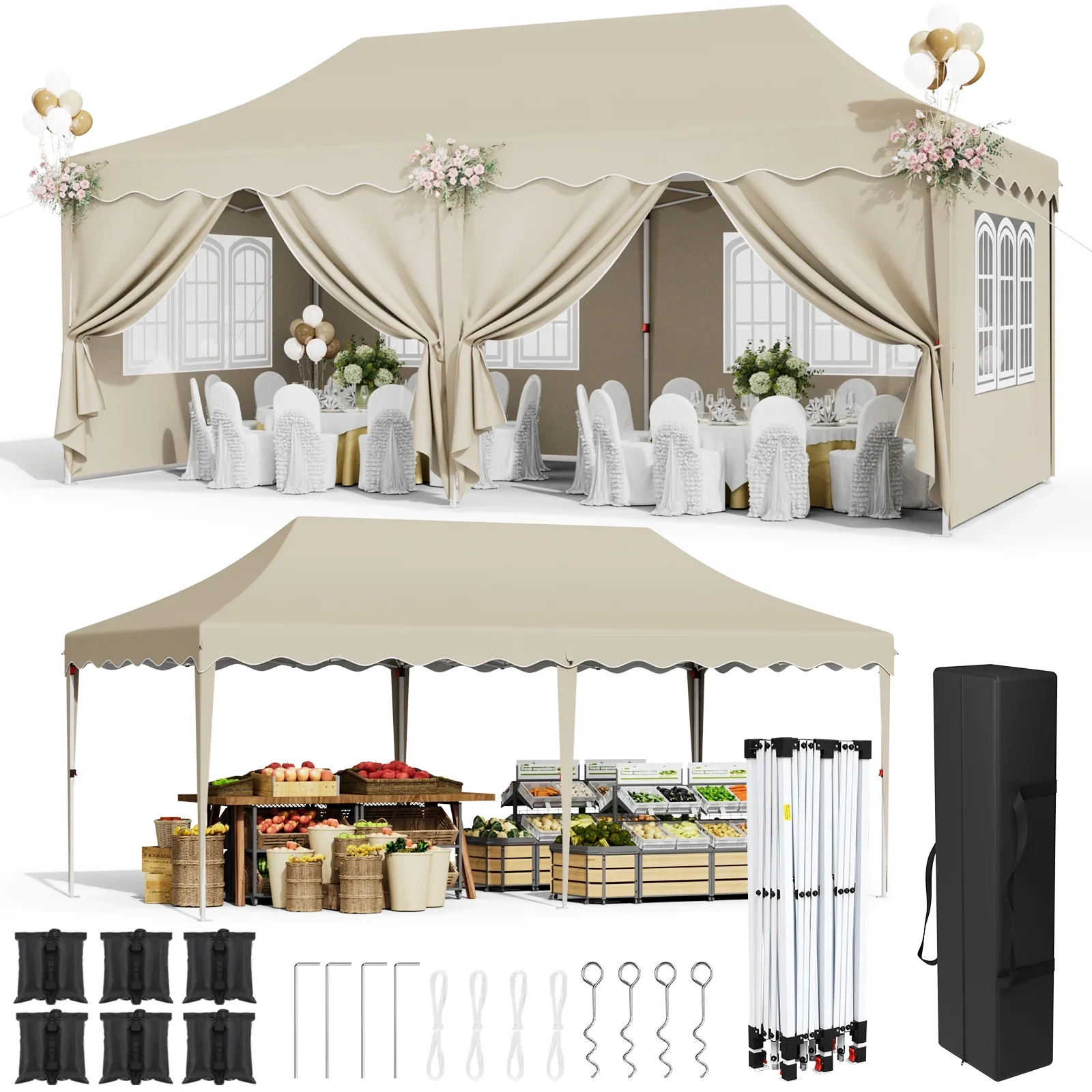 LAZY BUDDY 10'x20' Pop up Canopy Tent with 6 Sidewalls, Heavy Duty Outdoor Canopy Tent Commercial Instant Folding Sun Shelter for Party, Wedding, Camping