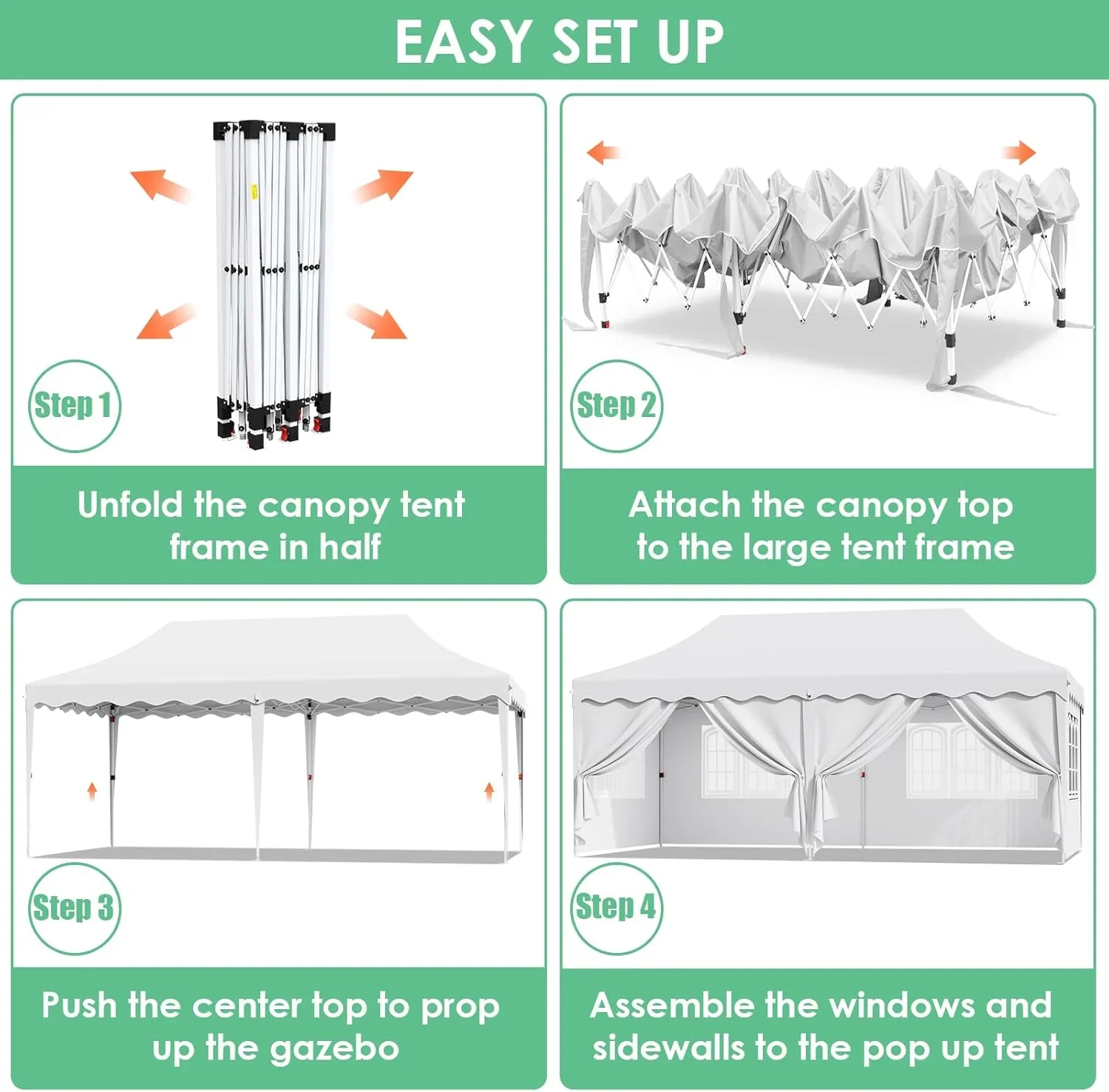 LAZY BUDDY 10'x20' Pop up Canopy Tent with 6 Sidewalls, Heavy Duty Outdoor Canopy Tent Commercial Instant Folding Sun Shelter for Party, Wedding, Camping