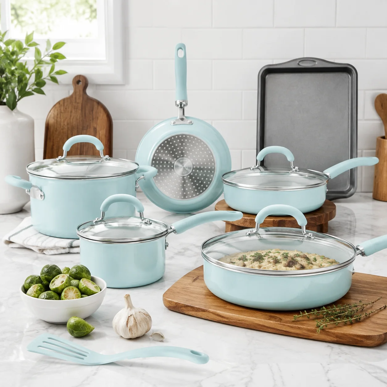13 Pc Nonstick Aluminum Pots and Pans Set Light Blue Shimmer Cookware Set with Lids for Kitchen Cooking