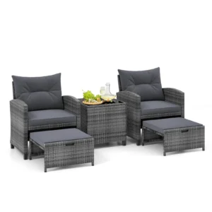 Costway 5 Piece Patio Rattan Furniture with 2 Ottomans & Tempered Glass Coffee Table Grey