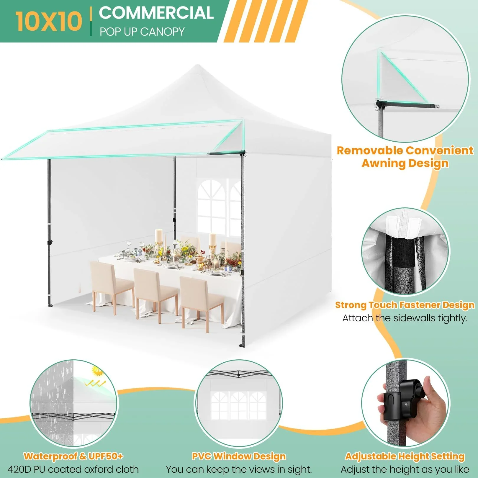 COBIZI 10x20 Pop Up Canopy Heavy Duty Party Tent with Removable Awning and Sidewalls,Easy Up Outdoor Wedding Canopy,Gazebo All Season Windproof&Waterproof with Roller Bag UPF 50+,Black