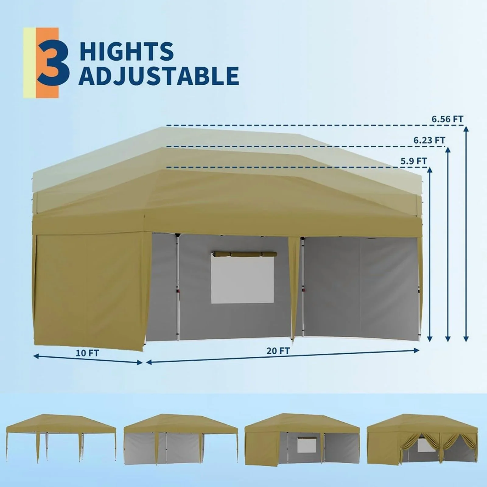 10x20 Pop Up Canopy Tent with 4 Sidewalls, Heavy Duty Outdoor Canopy UPF 50+ All Season Waterproof Commercial Street Vendors Party Tents with Roller Bag, 8 Stakes & 6 Sandbags,Khaki