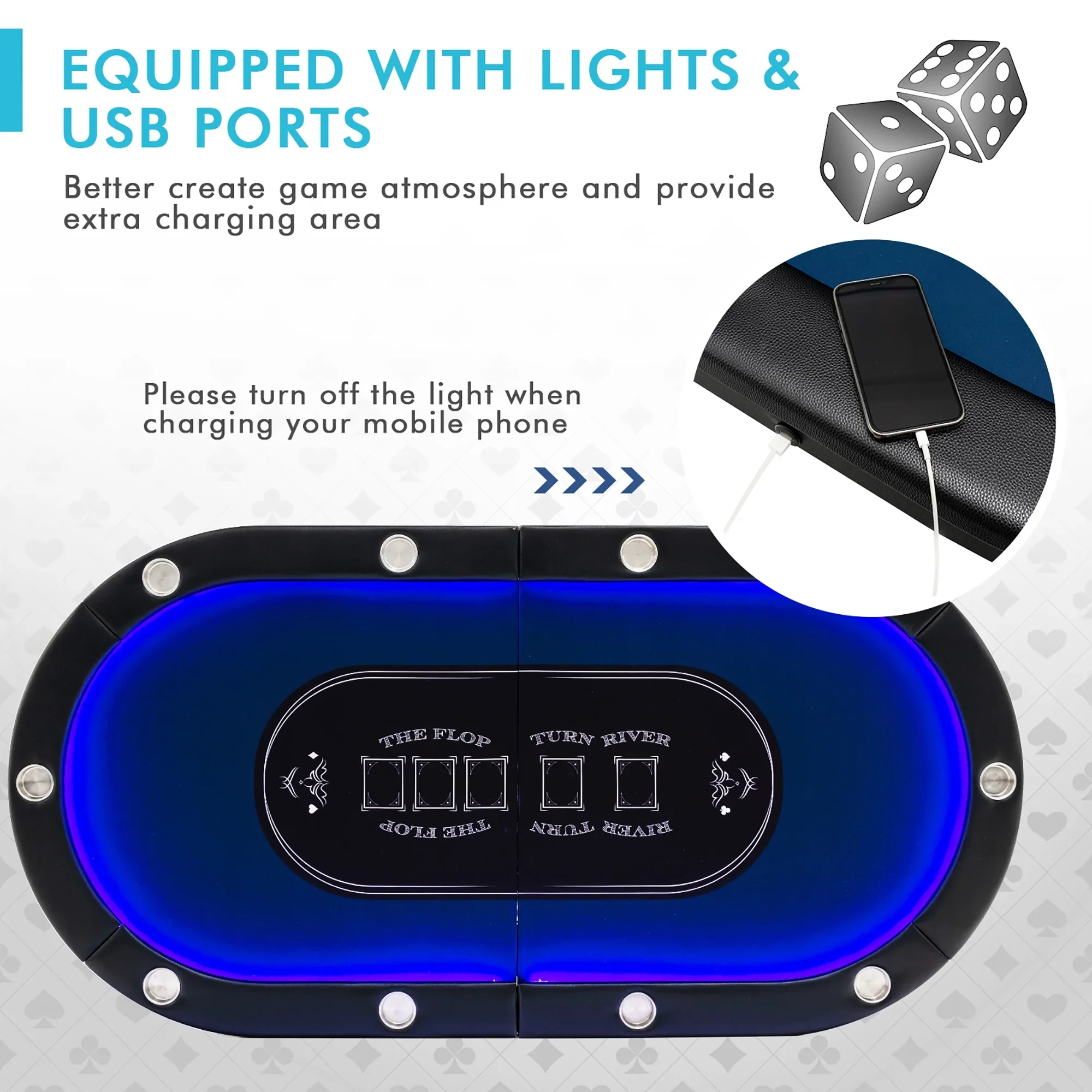 Costway Foldable, USB Ports, LED Lights 10 Player Poker Table, Blue/Black