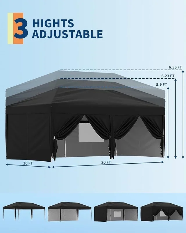 10x20 Pop Up Canopy Tent with 4 Sidewalls, Heavy Duty Outdoor Canopy UPF 50+ All Season Waterproof Commercial Street Vendors Party Tents with Roller Bag, 8 Stakes & 6 Sandbags,Khaki
