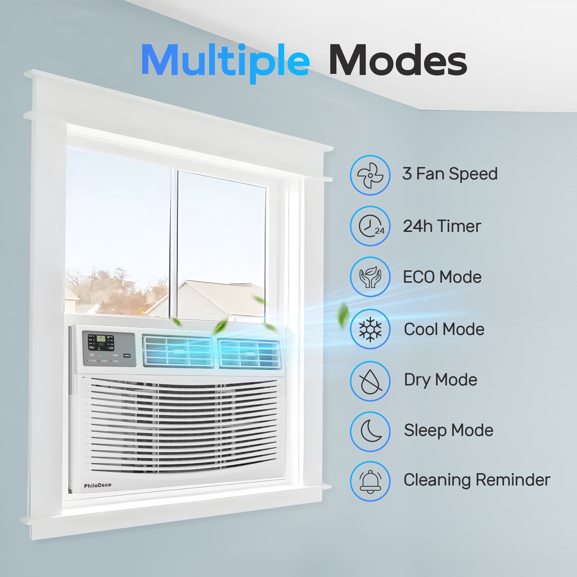 PhiloDeco 8000 BTU Window Air Conditioner, Cools up to 350 Sq. ft, 3 Fan Speeds and 4 Modes, Intelligent, LED Display Screen, with Remote Control