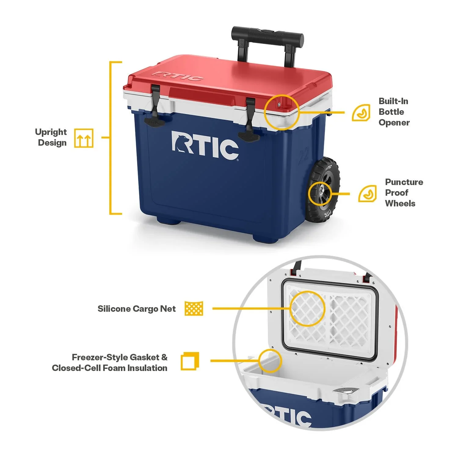 RTIC 22 QT Ultra-Light Wheeled Hard-Sided Ice Chest Cooler, Fits 28 Cans or 6 Wine Bottles, Patriot
