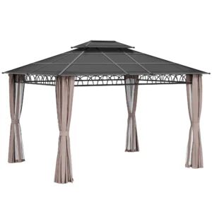 Outsunny 10' x 12' Double Roof Hardtop Gazebo with Nettings Curtains