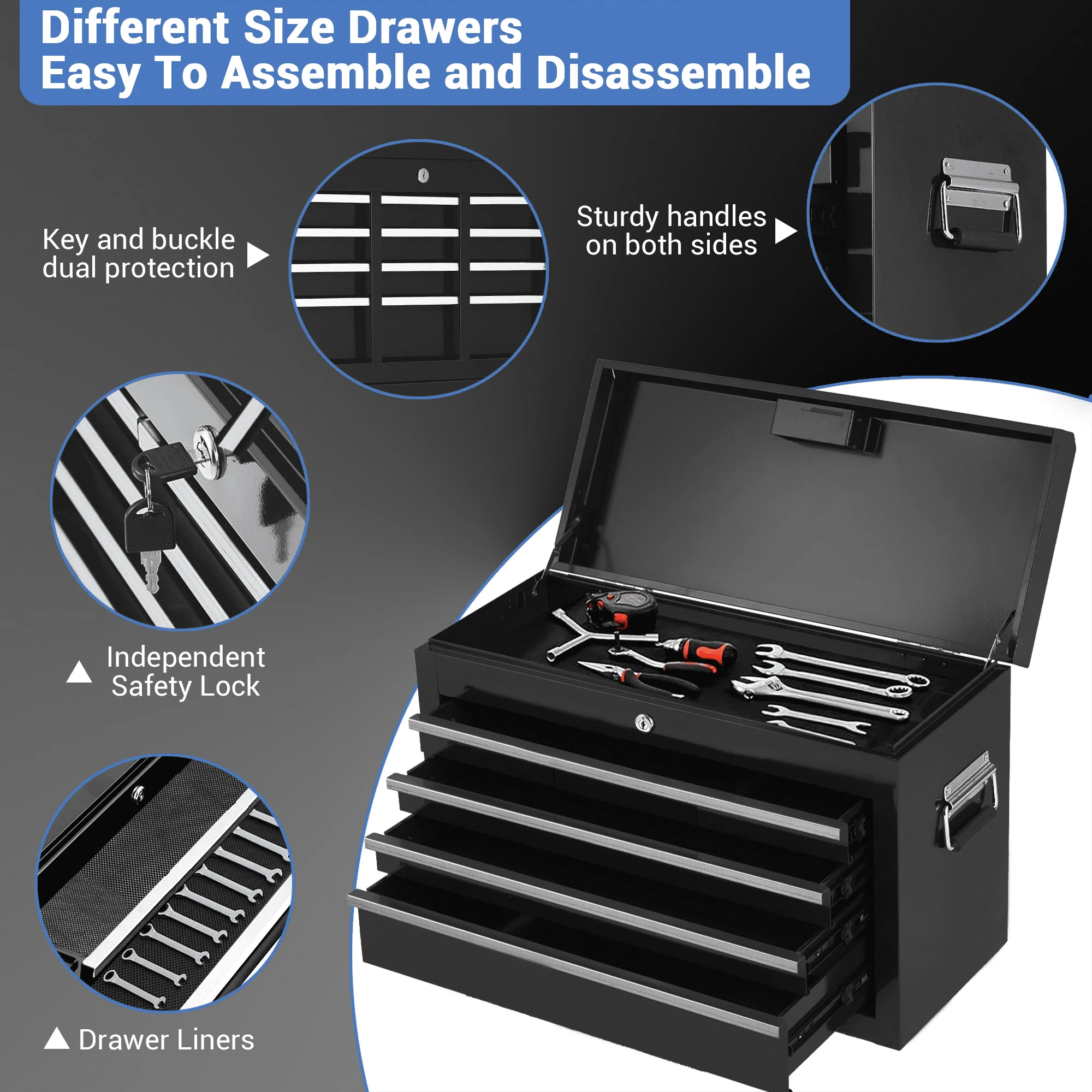 Rolling Tool Chest with Detachable Top Toolbox, 5-Drawer Tool Storage Cabinet Cart with 4 Wheels, Rust Resistant & Heavy Duty for Garage Workshop