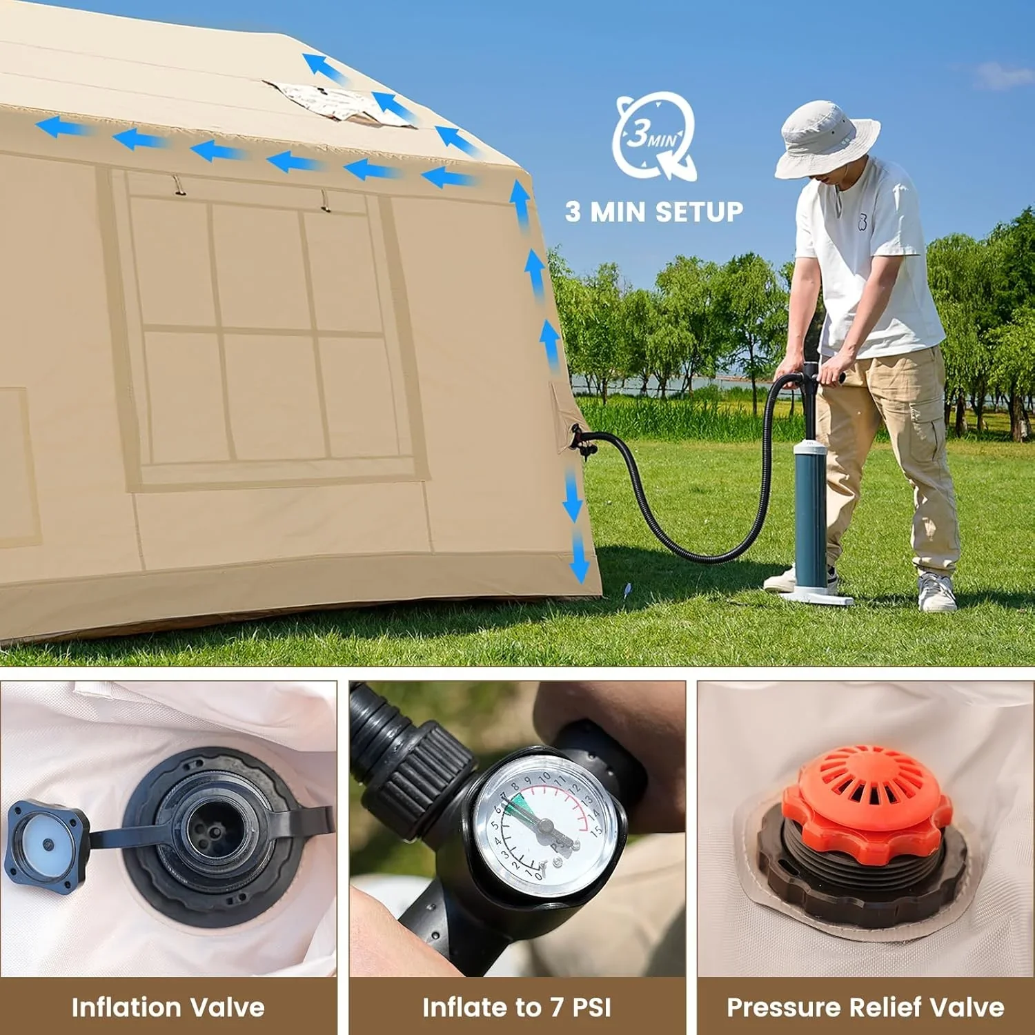 Zikebtuy 2/6/8 Person Inflatable Camping Tent, Easy Setup Blow Up Air Tent with Hand Pump, Waterproof 4-Season Glamping Tent with Large Mesh Windows & Oversized Canopy for Couples, Group & Family