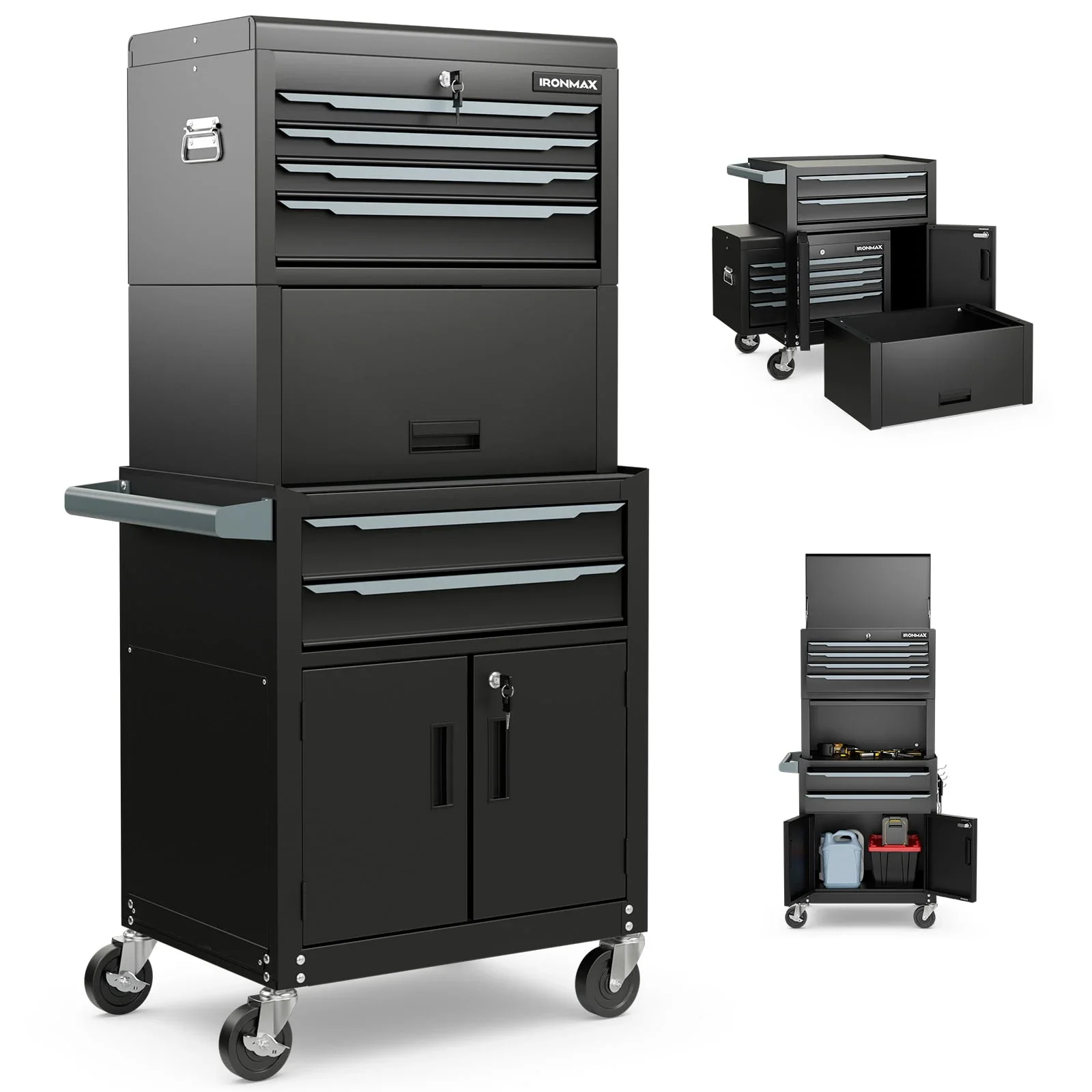 Ironmax 6-Drawer Rolling Tool Chest 3-in-1 Heavy-Duty Storage Cabinet with Universal Wheels Black