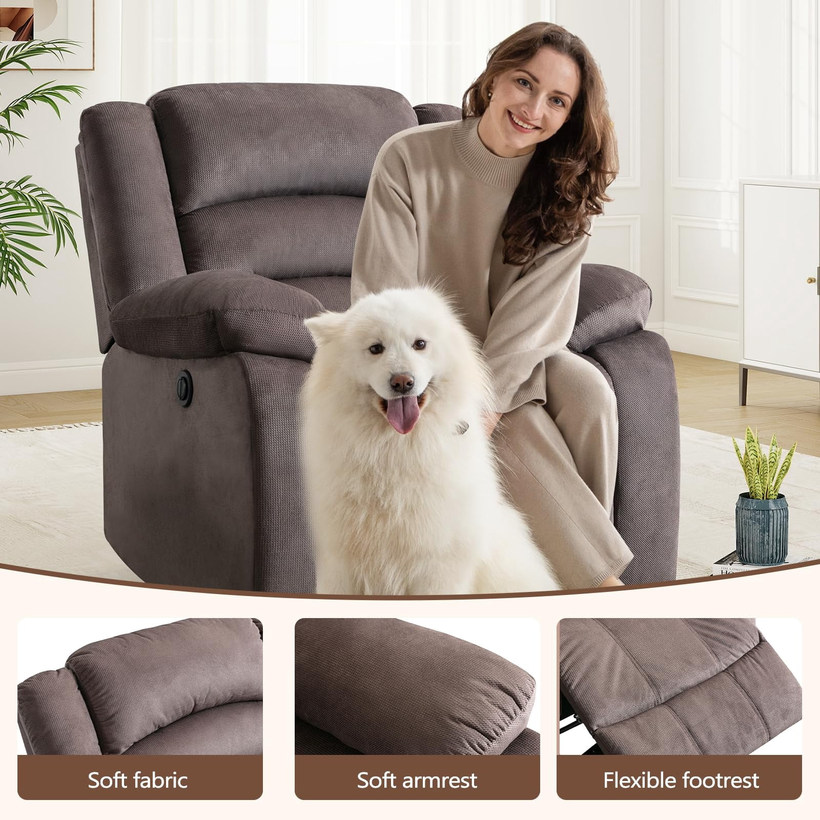 Bonzy Home Power Recliner Chair, Fabric Electric Reclining Chair with Overstuffed Cushion and Back, Comfy Oversized Recliners for Living Room, Bedroom, Adults