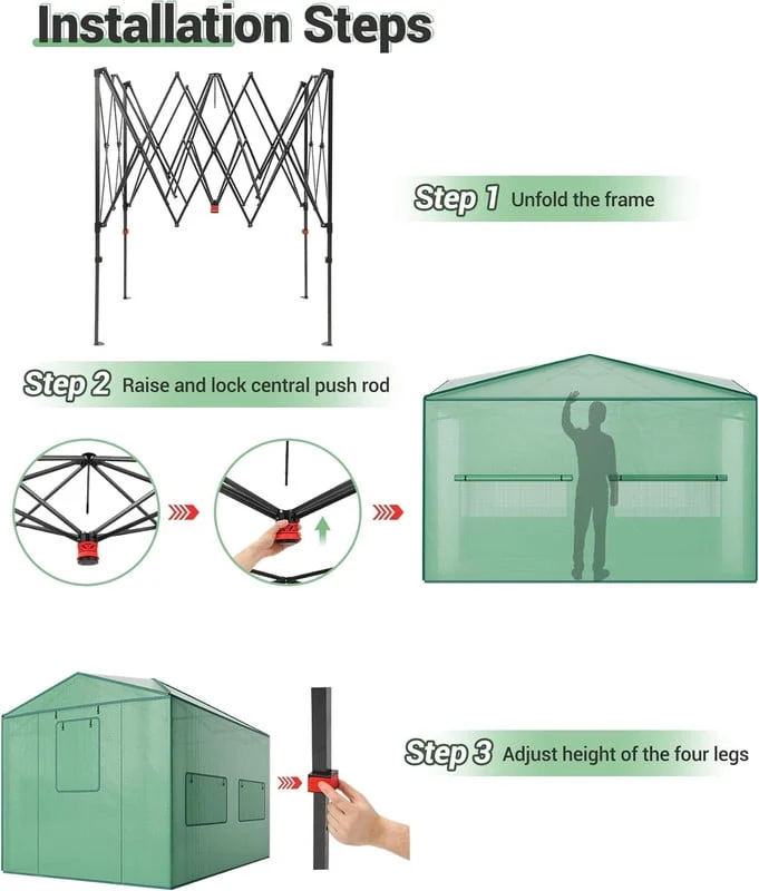 Instant Pop-Up Walk-In Greenhouse – Portable Plant Hot House with Galvanized Steel Frame, PE Cover, Roll-Up Zipper Door, Ground Pegs & Ropes for Stability
