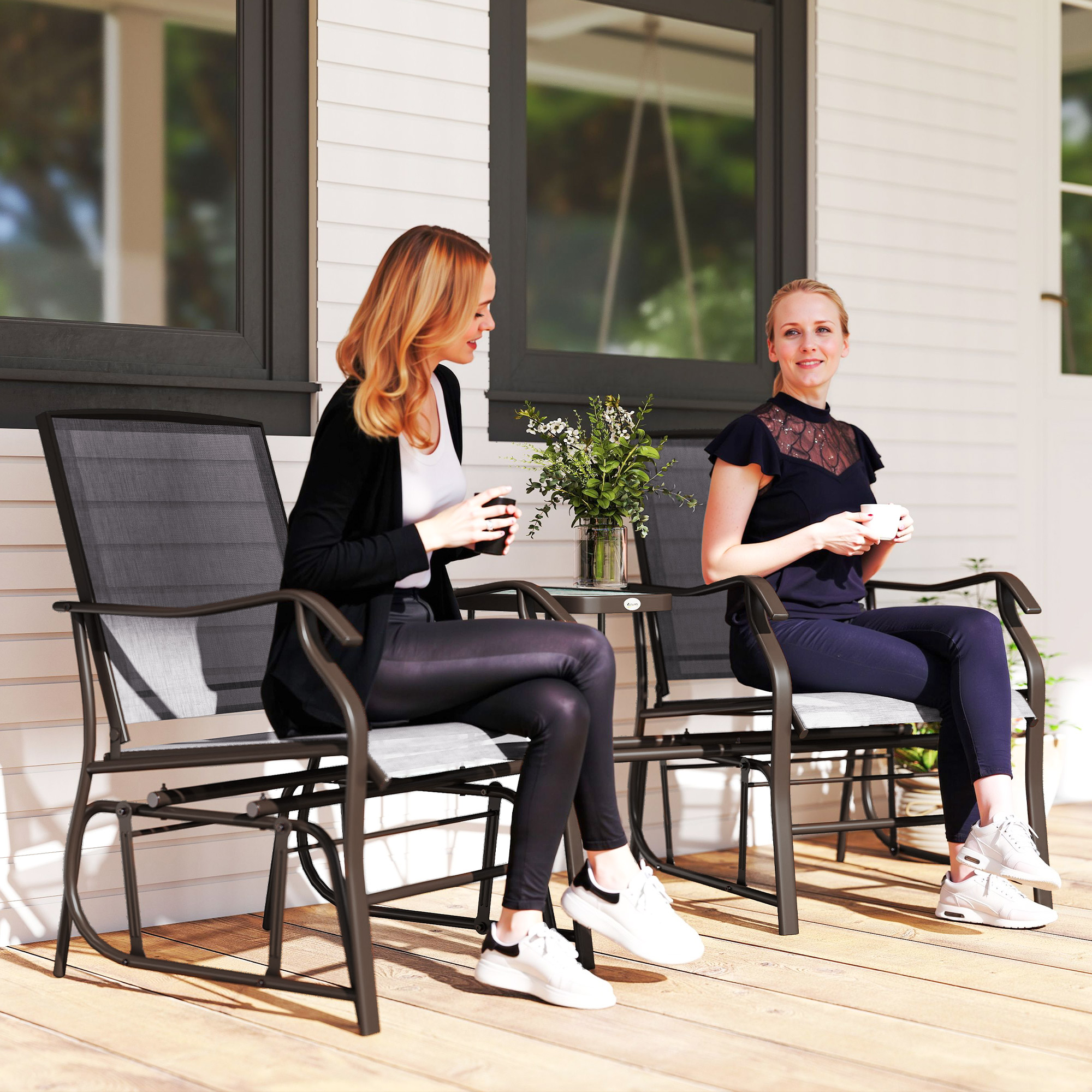 Outsunny Patio Double Glider Chair with Glass Top Center Table, Outdoor Glider Chair with High Back, Sling Fabric for Garden, Bench