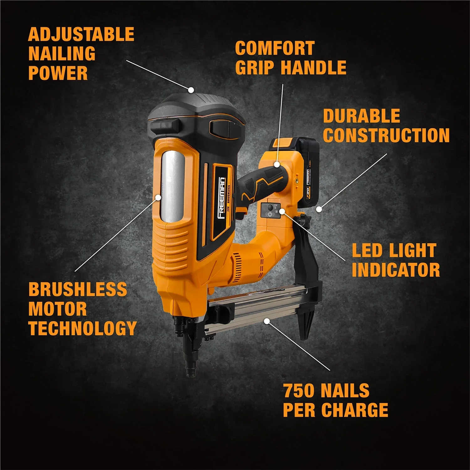 Freeman PE20VCSPN40 20 Volt Cordless and Brushless 1-1/2" Concrete Nailer Kit with Lithium Ion Battery, Charger, and Case -C 750 Shots per Charge