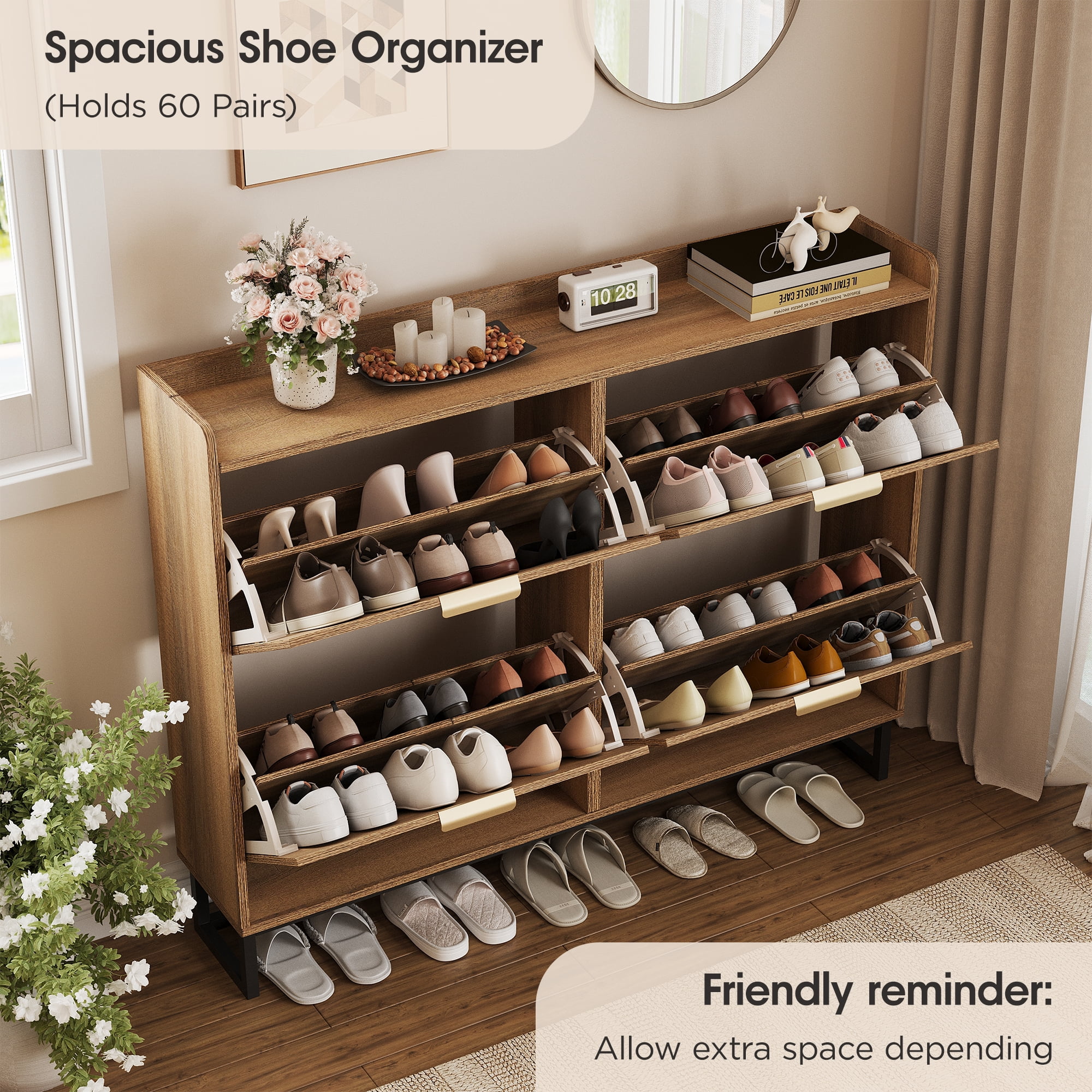 Conate Rattan Shoe Cabinet with 4 Flip Drawers, Modern 40 Pair Shoe Storage Cabinet for Entryway with Hidden Golden Handles