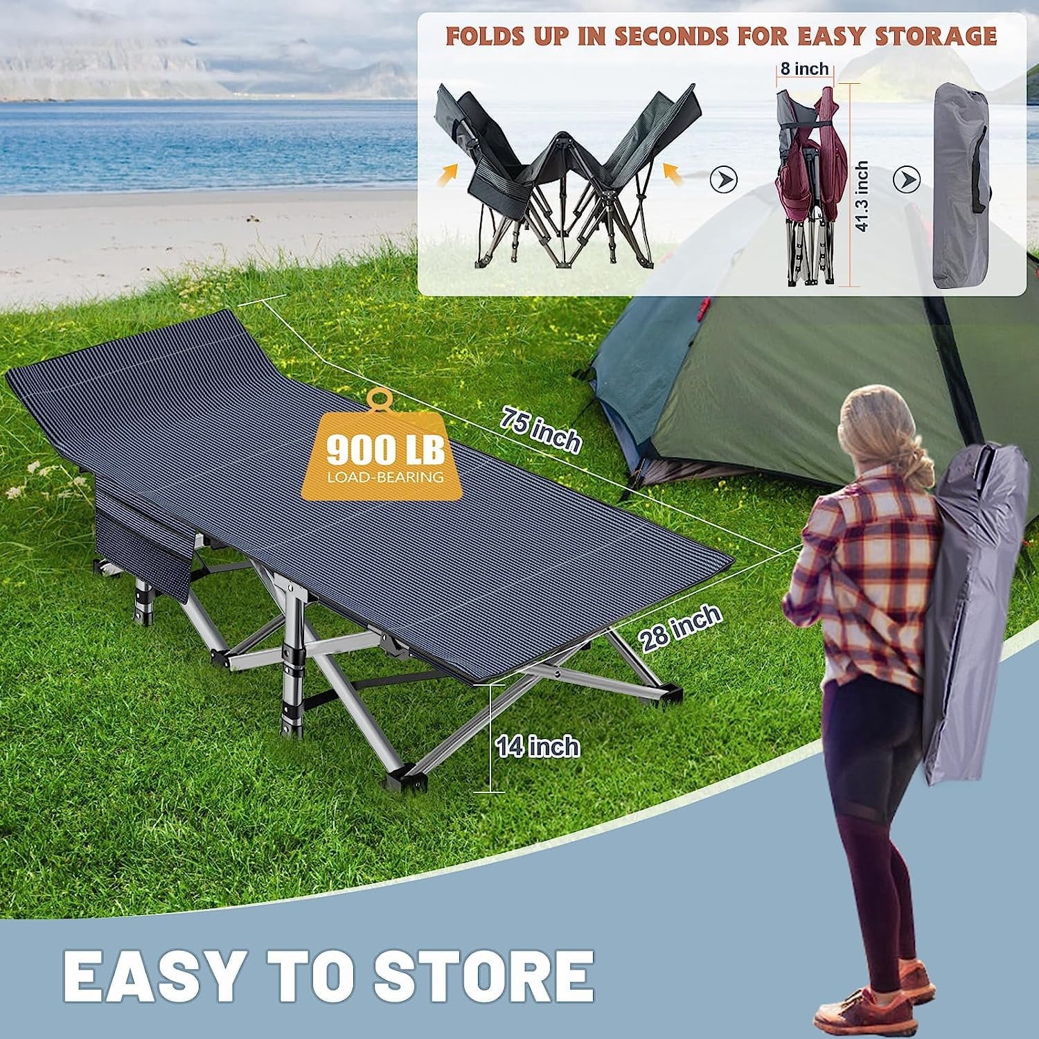 Lilypelle 2PC Folding Camping Cot, Folding Cot Camping Cots for Adults Portable Outdoor Cots with Carry Bags for Outdoor Travel Camp Beach Vacation