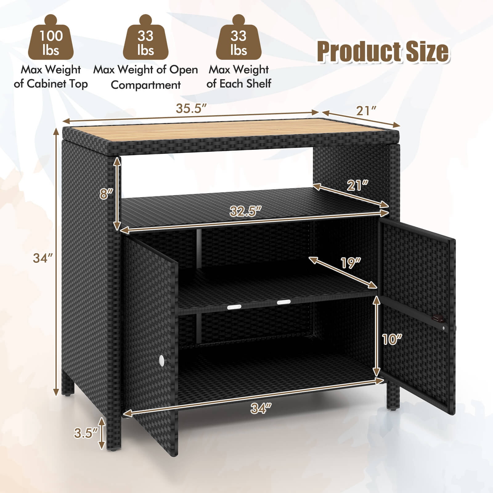 Costway Patio Rattan Storage Cabinet with Acacia Wood Countertop Open Shelf 2 Door Cabinet