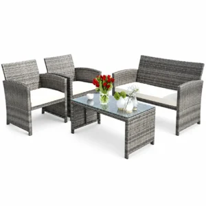 Costway 4PCS Patio Rattan Furniture Set Conversation Glass Table Top Cushioned Sofa