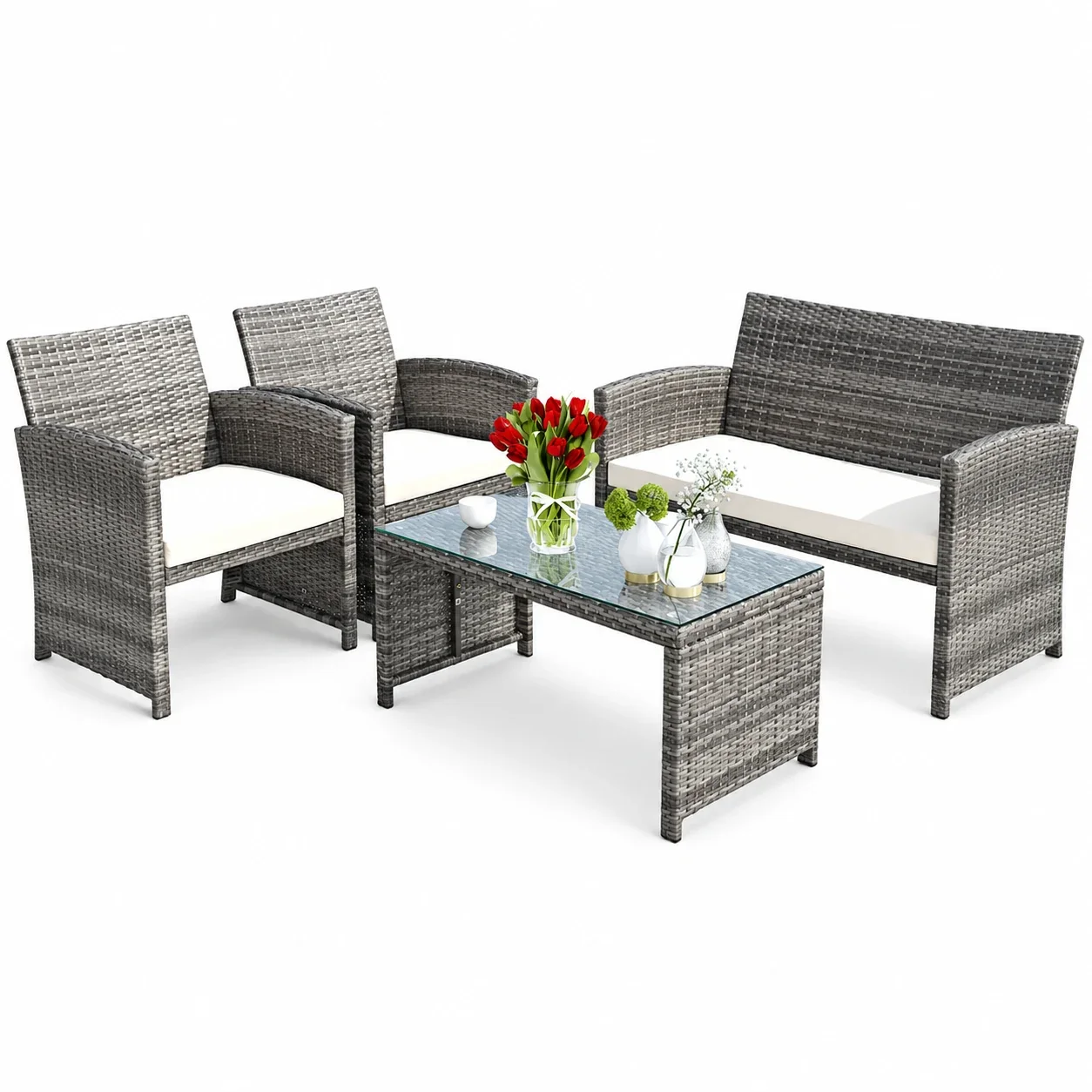 Costway 4PCS Patio Rattan Furniture Set Conversation Glass Table Top Cushioned Sofa