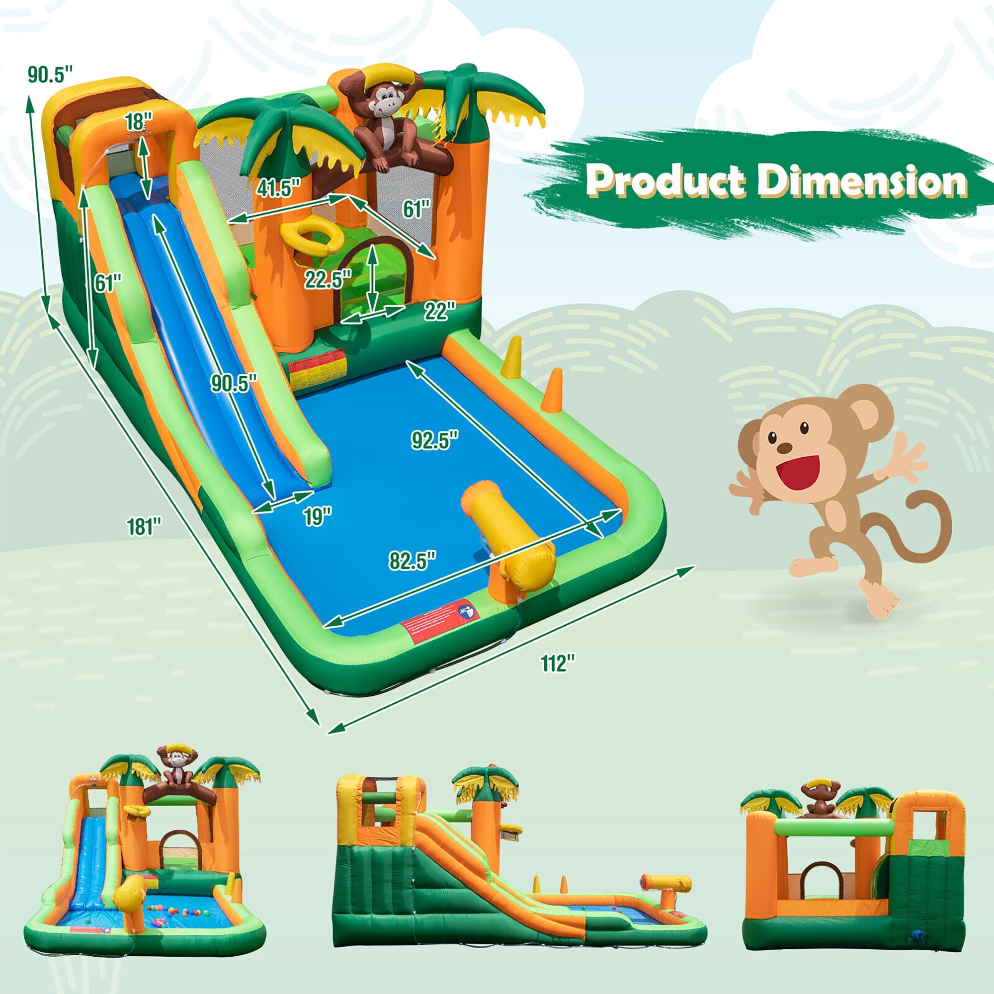 Gymax Inflatable Water Slide Park Monkey Bounce House Splash Pool without Blower