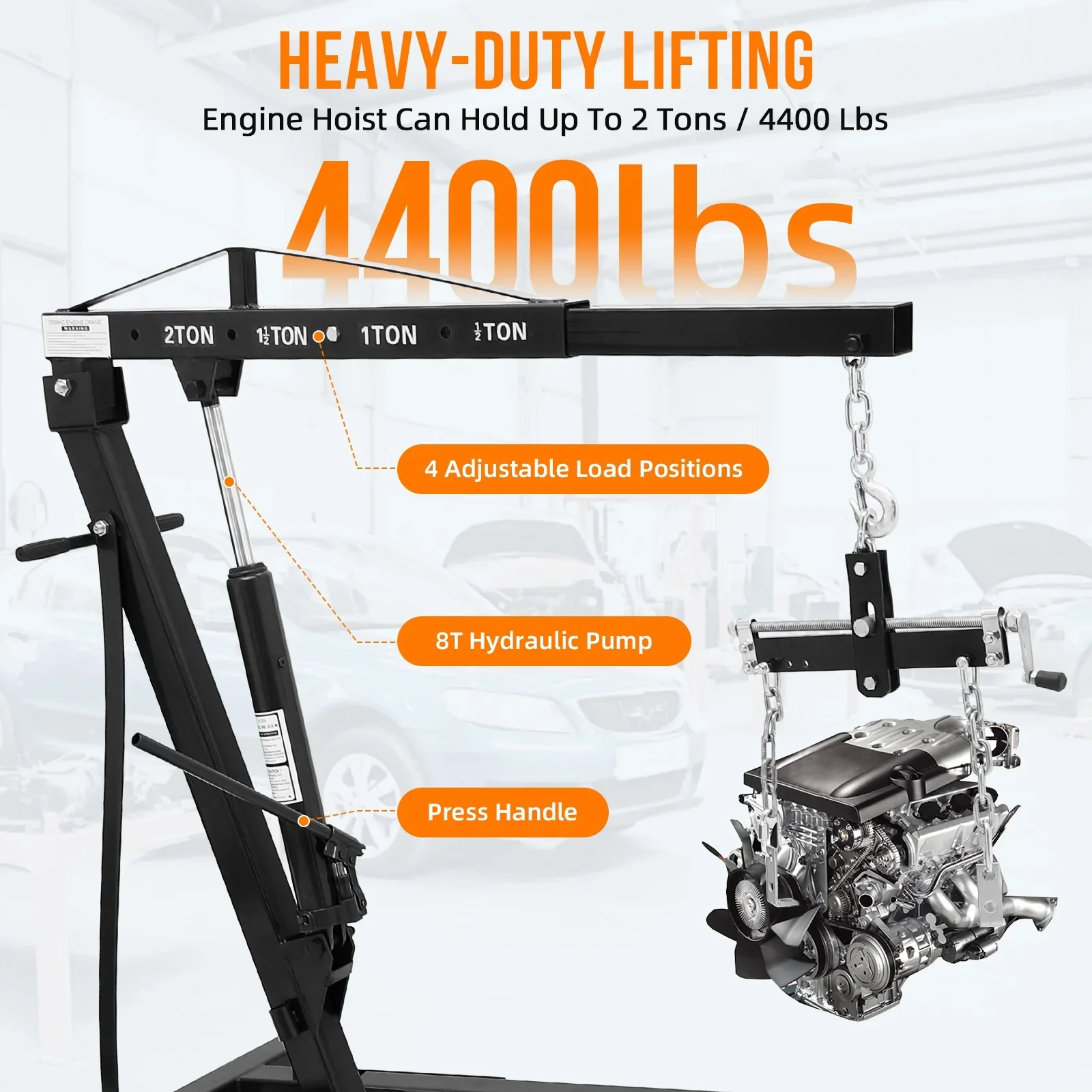 GARVEE 2 Ton Folding Hydraulic Engine Hoist with Lever,Folding Engine Shop Crane Hoist Lift,Heavy Cherry Picker with 6 Wheels for Garage,Workshop,Yellow
