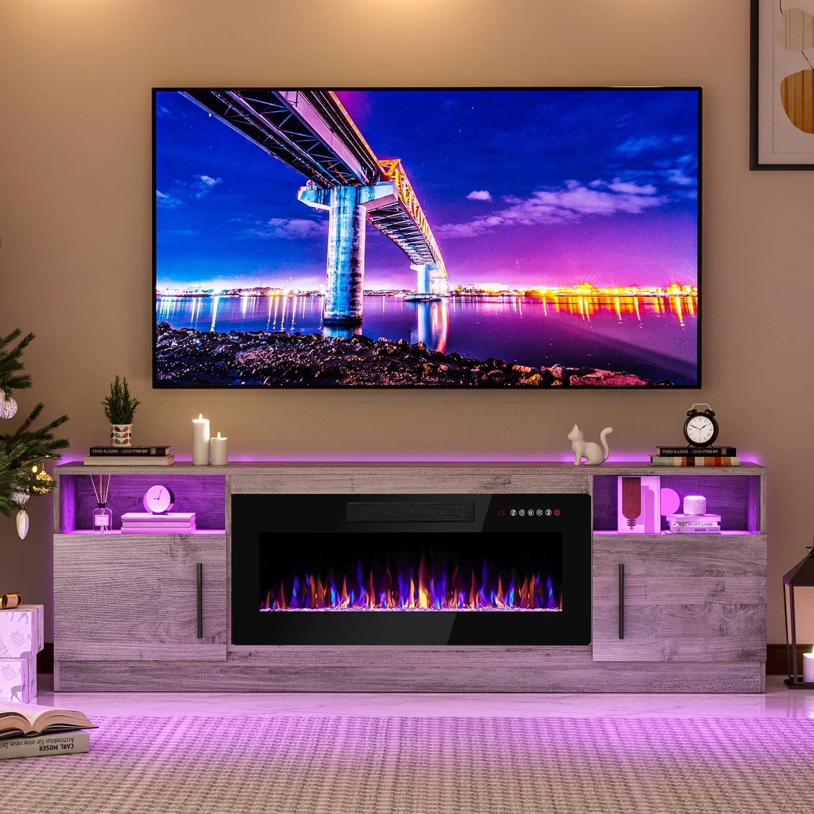 Waleaf Fireplace TV Stand with 18'' Fireplace for TVs up to 65 inch, Two Adjustable Glass Shelves