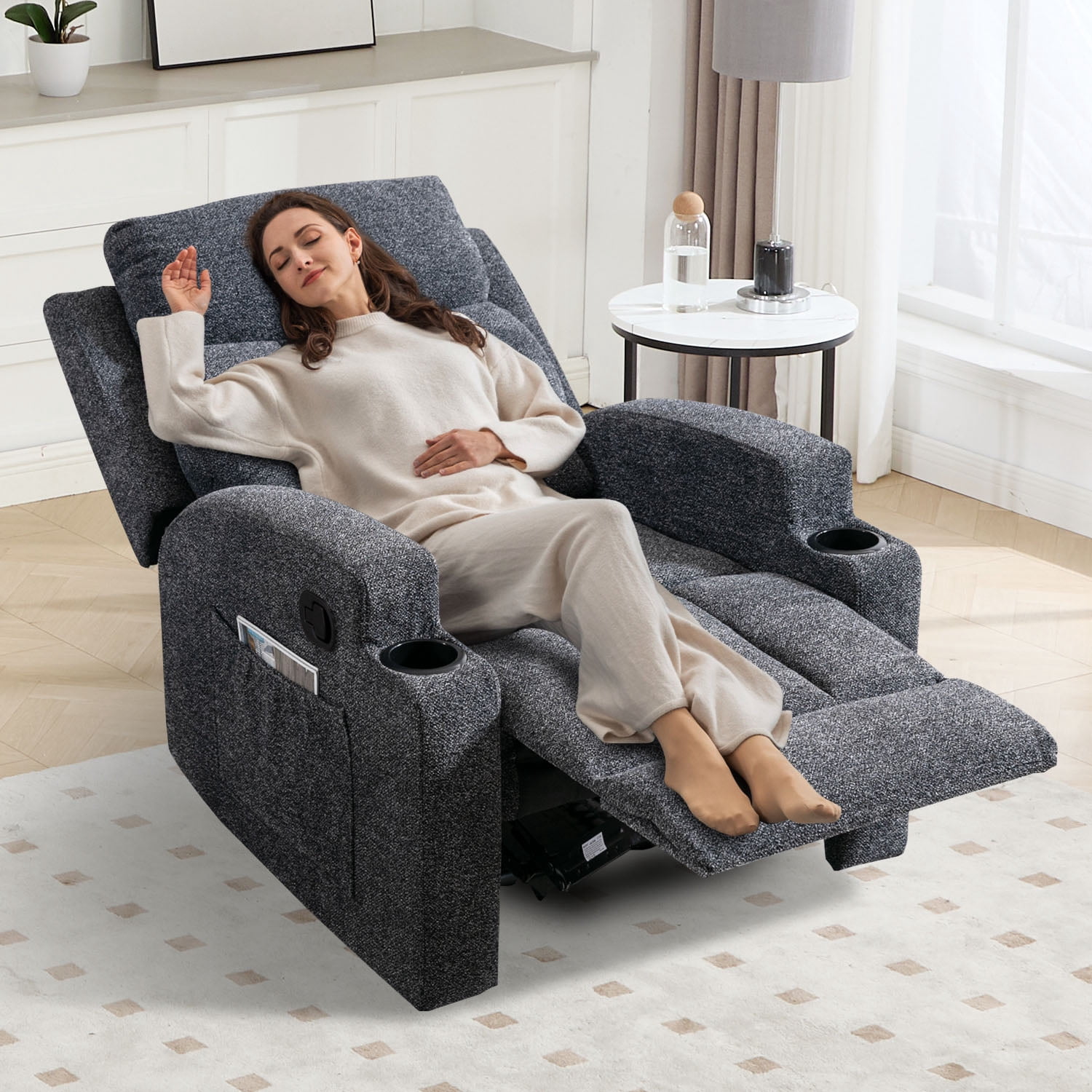 Bonzy Home Recliner Chair with Massage and Heat, Manual Fabric Reclining Chair with Cup Holders & Side Pockets for Living Room, Bedroom
