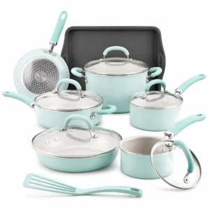 13 Pc Nonstick Aluminum Pots and Pans Set Light Blue Shimmer Cookware Set with Lids for Kitchen Cooking